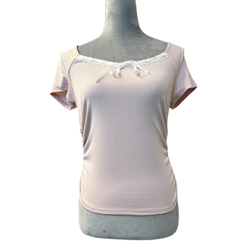 Just Polly Shirt Top Womens Large Pink Ribbed Lace Trim Bow Detail Ruched Side